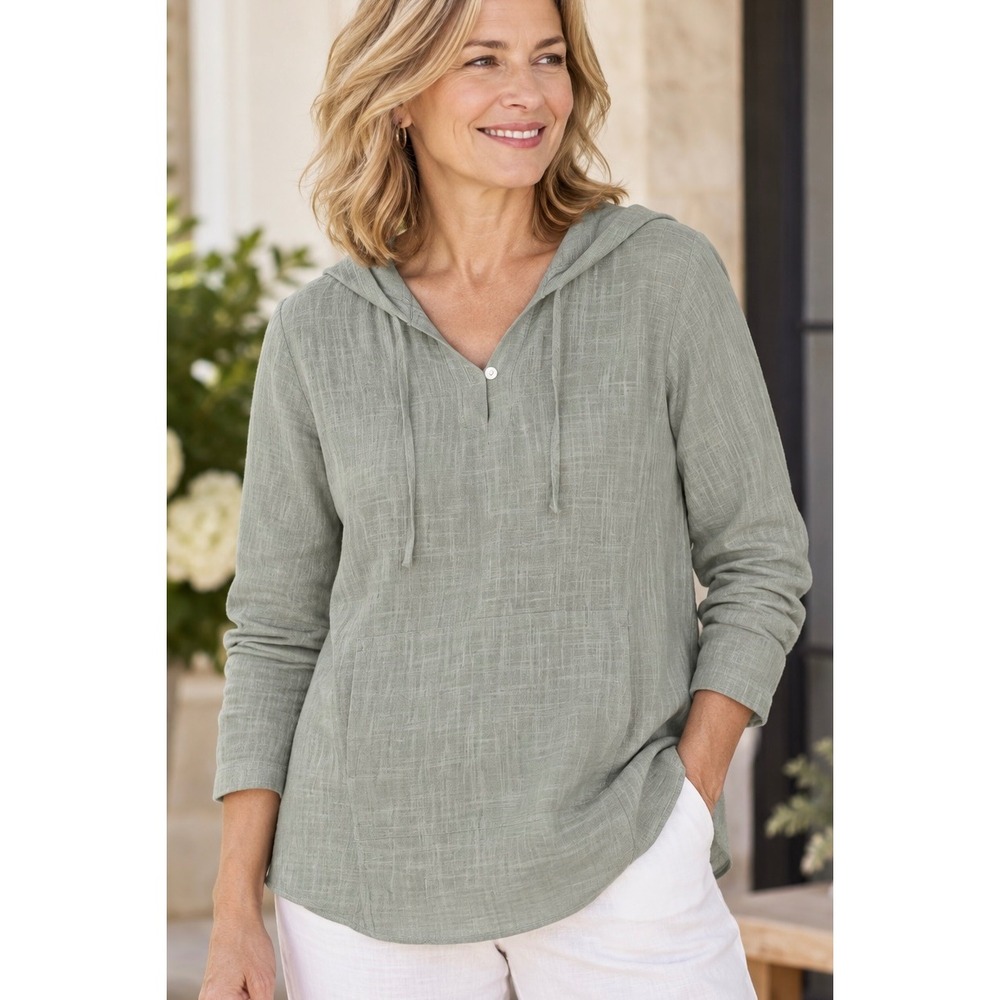 Pure Jill Sage Green Cotton Gauze Hooded Tunic XS Boho Coastal Slub Pullover